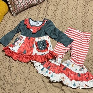 Girls Holiday Ruffle Top & Striped Ruffle Pants - Green & Coral